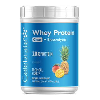 Celebrate Whey Protein tartály kék címkével és ananász illusztrációval fehér háttéren