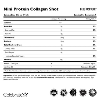 Tápértékcímke egy Mini Protein Collagen Shothoz kék málna ízben, beleértve az adagméretet, a kalóriákat és az összetevőket.
