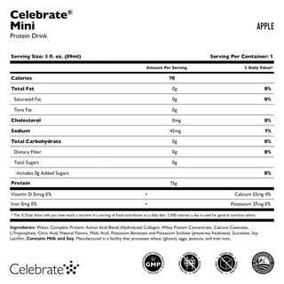 A Celebrate Mini Protein Drink alma ízesítésének tápértékcímkéje fehér háttéren