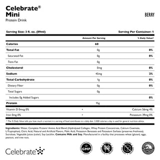 A Celebrate Mini Protein Drink Berry ízesítésének tápértékcímkéje fehér háttéren